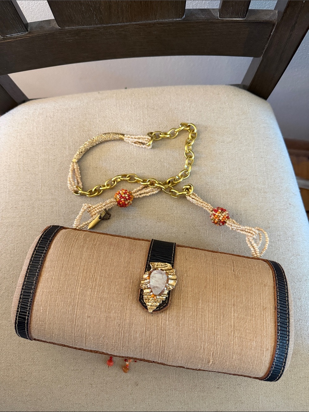 Mary Frances Rare Beaded Embellished Coral Motif Shoulder Bag Gold Tan Red - Picture 5 of 10